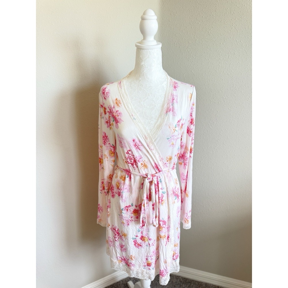 Victoria's Secret Pink Floral Modal Lace-Trim Wrap Robe M